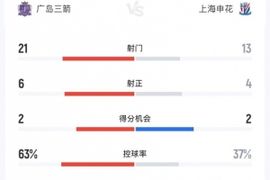 上海申花0-1广岛三箭全场数据：射门13-21、射正4-6、得分机会2-2