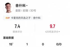 舍什科本场数据：2射门1射正1进球+错失1进球机会，评分7.4